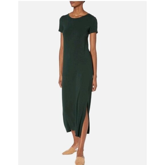 Daily Ritual Short Sleeve Jersey Knit Maxi Dress Side Slit Forest Green Small - Picture 1 of 11